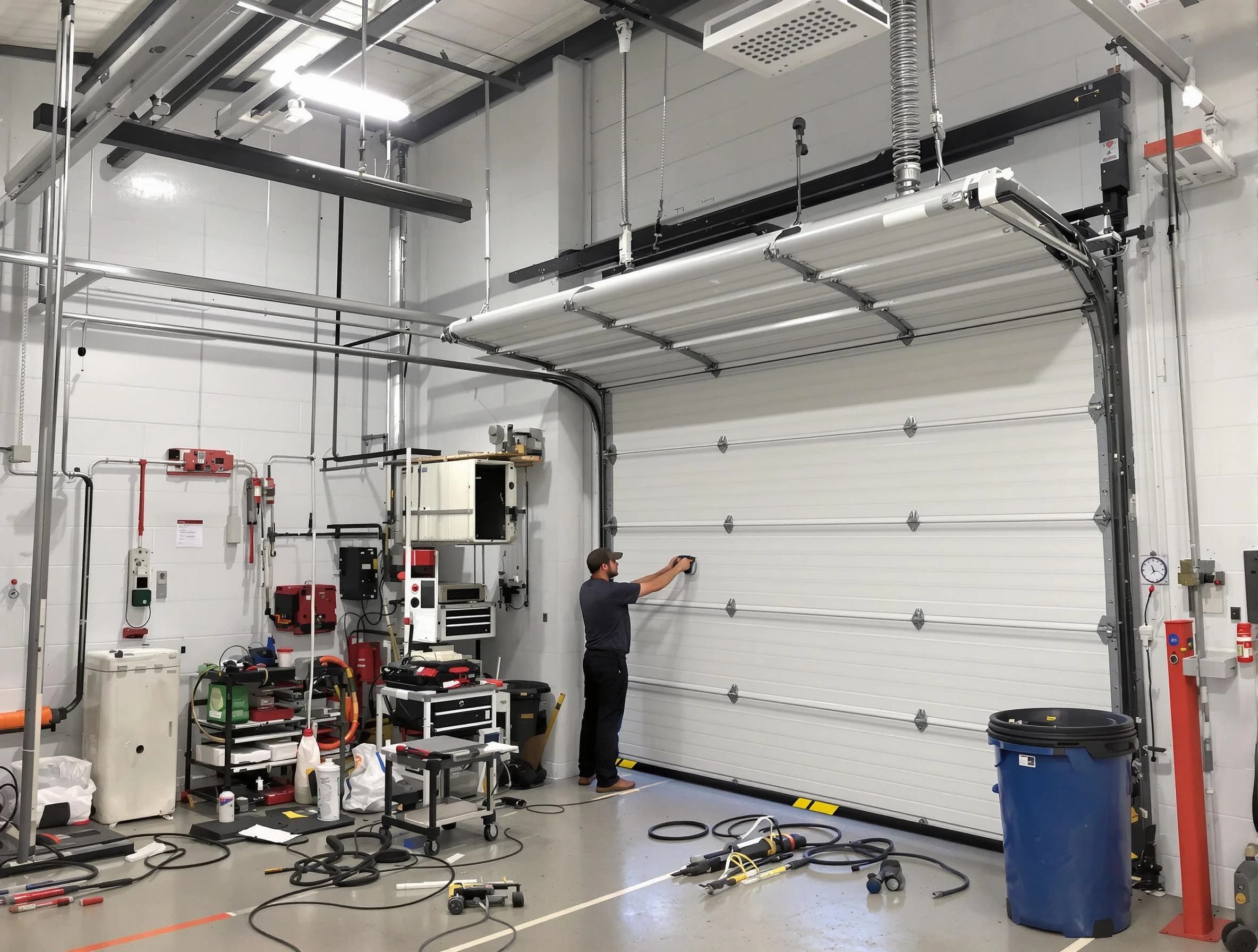 North Brunswick Garage Door Repair certified technician performing commercial door repair at a North Brunswick business facility