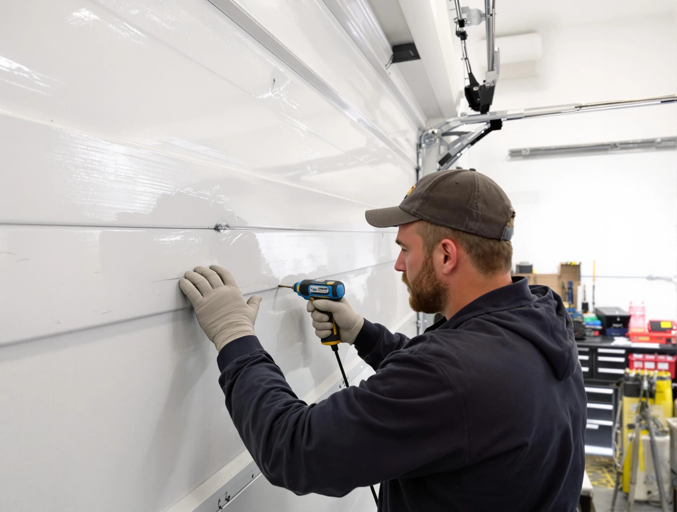 North Brunswick Garage Door Repair technician demonstrating precision dent removal techniques on a North Brunswick garage door